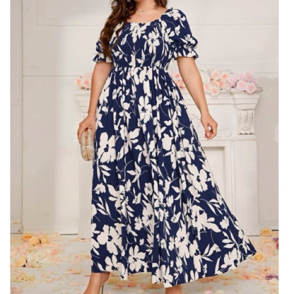 Boho Plus Floral Print Tropical Puff Sleeve Maxi Dress - Picture 1 of 6